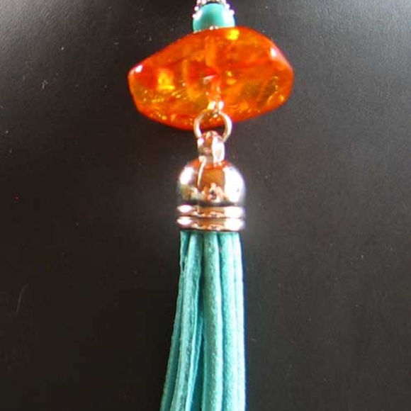 Amber and Turquoise Suede Tassel Pendant - Picture 2 of 3